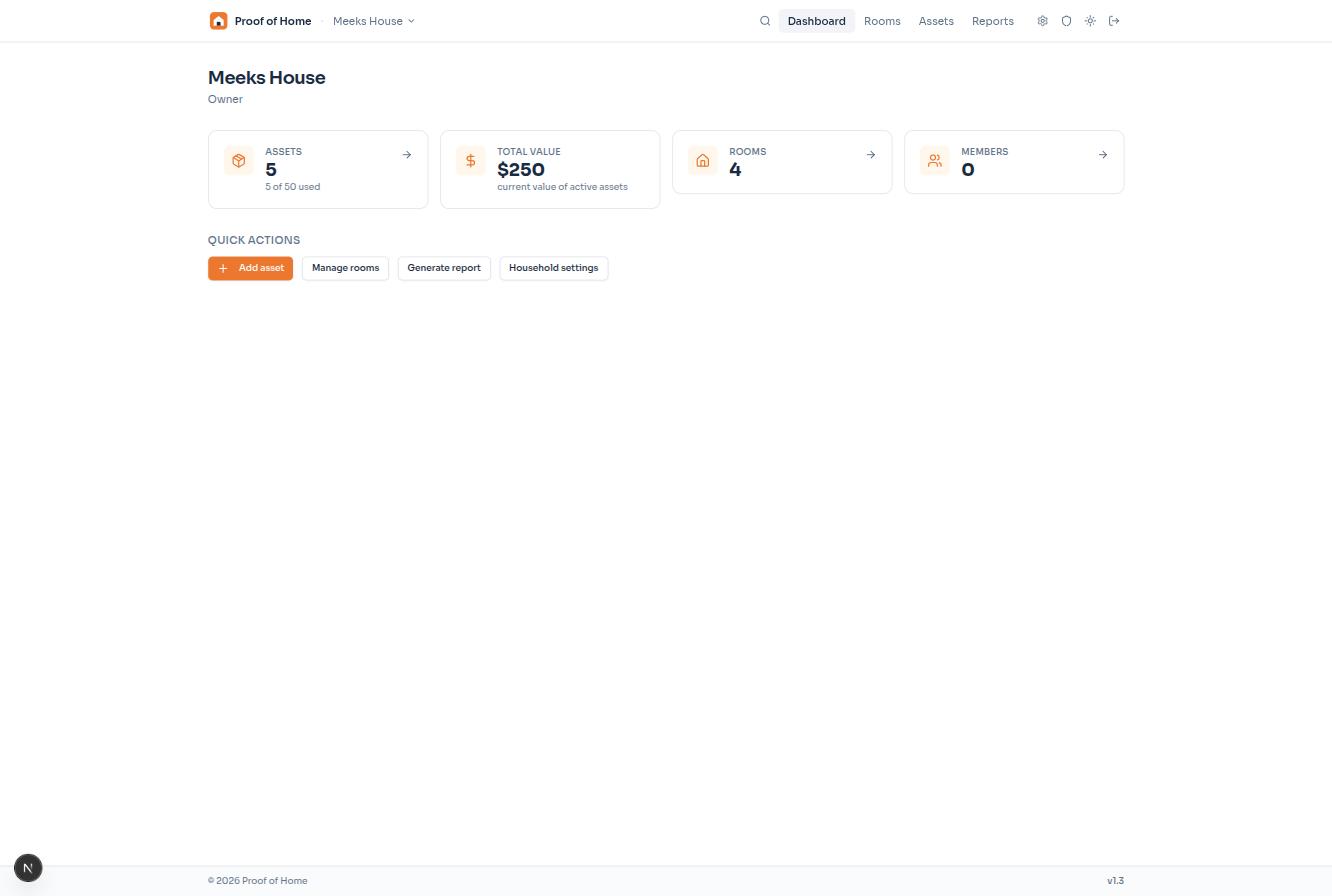 Proof of Home dashboard showing asset count, total value, rooms, and members
