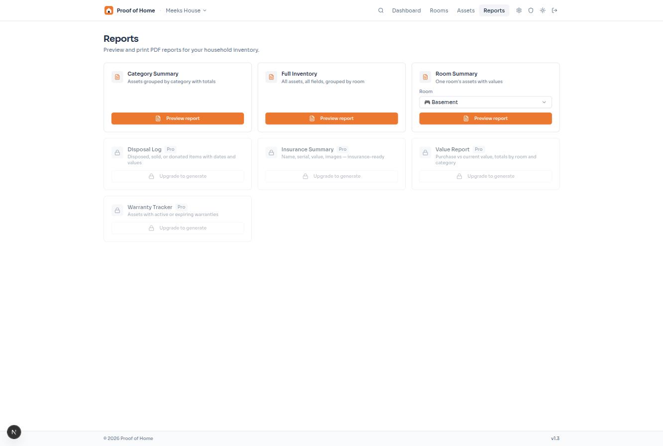 Proof of Home reports page showing available PDF report types