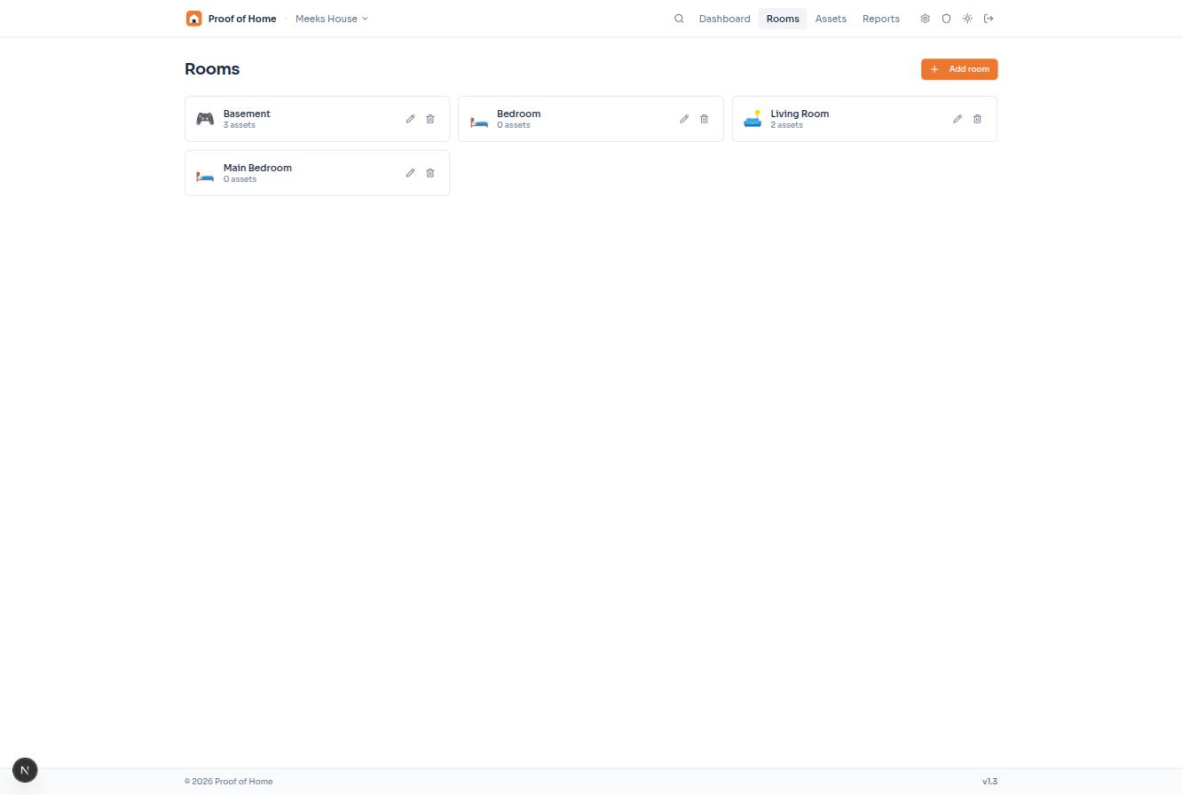 Proof of Home rooms page showing rooms with asset counts